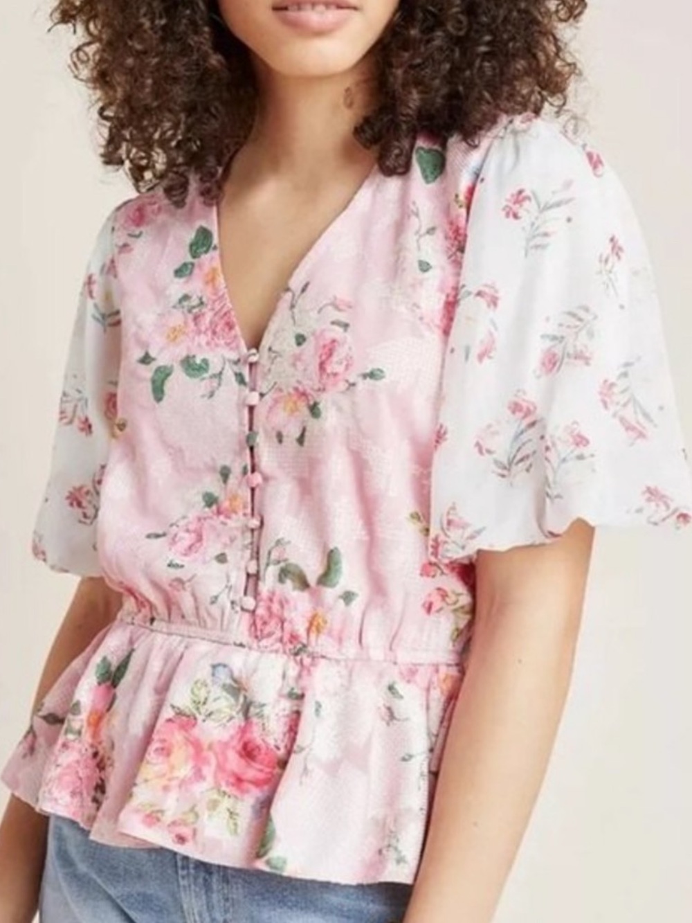 Pink Floral Peplum Button-Front Blouse